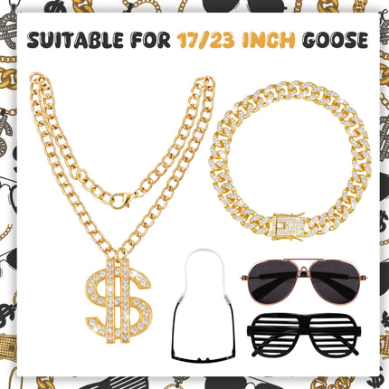 FLAIR GIFTS Porch Goose Statue 5pc Accessory Combination Set, Hip Hop Goose Accessories Kit with Chains Sunglasses Strap for 23 Inch Goose, Cool Street Style Yard Garden Decor (Hip-hop 5PC)