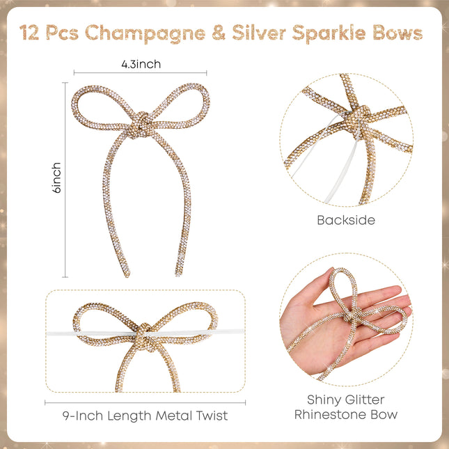 FLAIR GIFTS 12 Pcs 4.3" x 6" 2026 Christmas Bows for Tree Decor, Champagne Gold and Silver Sparkly Glitter Rhinestone Bow Ornaments with Twist Tie for Xmas Decoration, Wreath, Garland, Gift Wrapping