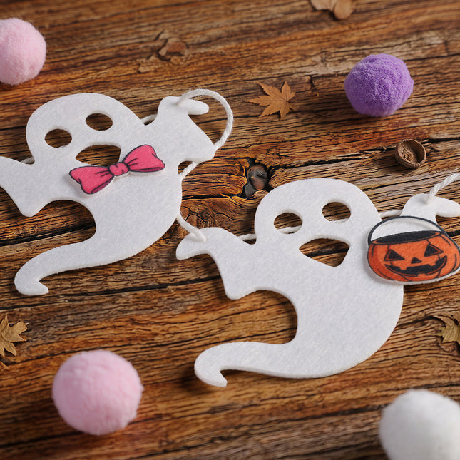 FLAIR GIFTS 2-Pack Halloween Ghost Felt Garland, 8ft 3D Cute Ghost Banner with Pom Poms, Pre-Strung Pastel Pink & Purple Halloween Decorations for Home, Fireplace Mantel, Classroom, Party Décor