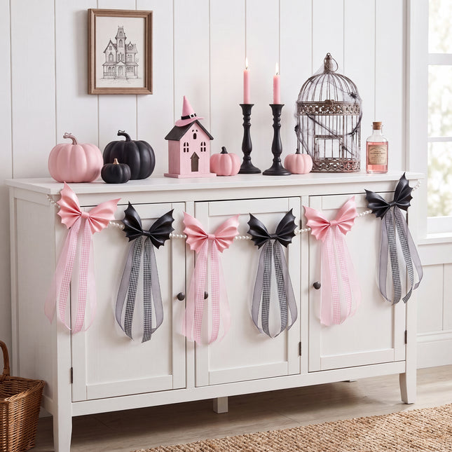 FLAIR GIFTS 6.5ft Halloween Bat Bow Pearl Garland, Black & Pink Decor