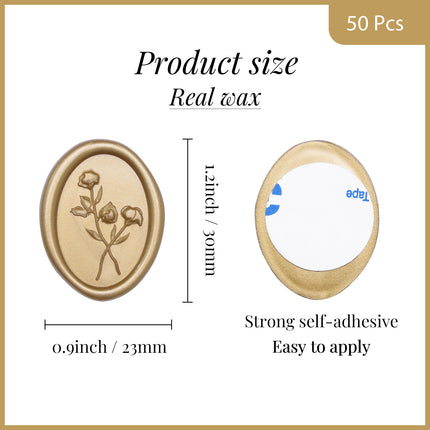 30mm Matte Gold 3D Flower Wax Seal Stickers - 50pcs Oval Edge