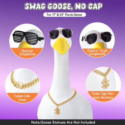 FLAIR GIFTS Porch Goose Statue 5pc Accessory Combination Set, Hip Hop Goose Accessories Kit with Chains Sunglasses Strap for 23 Inch Goose, Cool Street Style Yard Garden Decor (Hip-hop 5PC)
