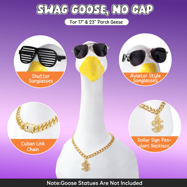 FLAIR GIFTS Porch Goose Statue 5pc Accessory Combination Set, Hip Hop Goose Accessories Kit with Chains Sunglasses Strap for 23 Inch Goose, Cool Street Style Yard Garden Decor (Hip-hop 5PC)