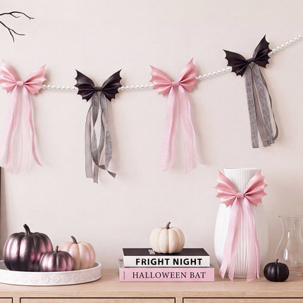 FLAIR GIFTS 6.5ft Halloween Bat Bow Pearl Garland, Black & Pink Decor