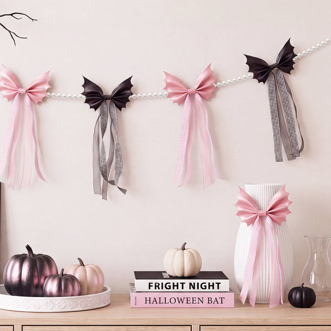 FLAIR GIFTS 6.5ft Halloween Bat Bow Pearl Garland, Black & Pink Decor