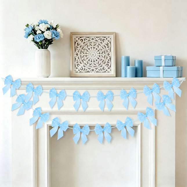 FLAIR GIFTS 2-String 6.5ft Blue Bows Garland Banner, 16 Pcs Pre-Strung Bows Party Decorations for Baby Shower, Birthday, Bridal Shower, Bachelorette Party, Tea Party Supplies