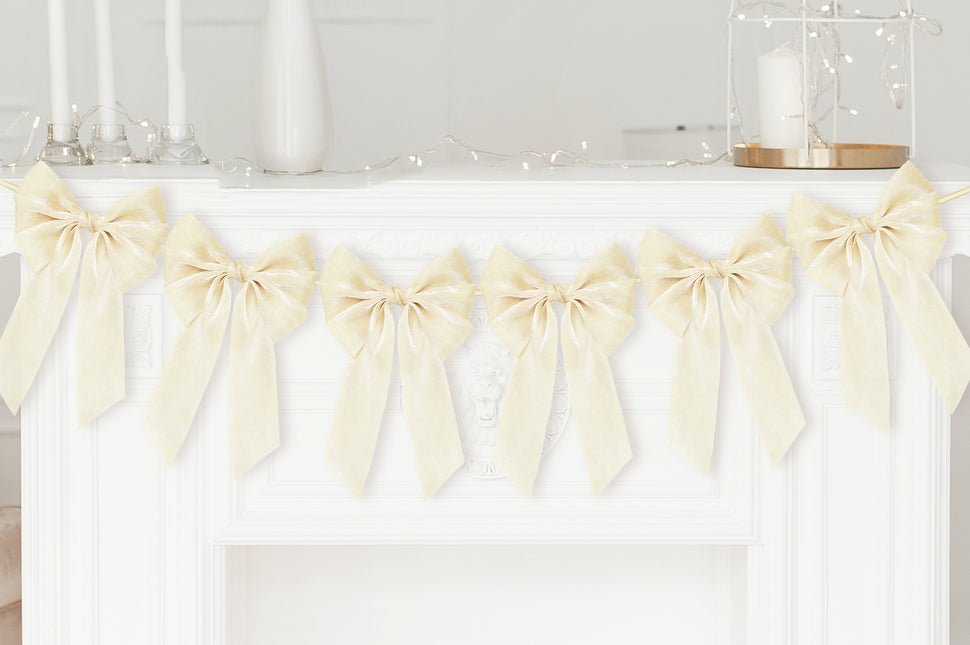 FLAIR GIFTS 1-String 6.5ft Ivory White Bows Garland Banner, 6 Pcs Pre-Strung Bows Party Decorations for Bridal Shower, Birthday, Bachelorette Party, Baby Shower, Tea Party Supplies