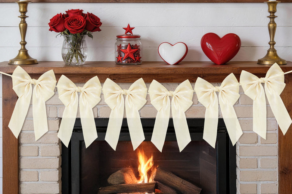FLAIR GIFTS 1-String 6.5ft Ivory White Bows Garland Banner, 6 Pcs Pre-Strung Bows Party Decorations for Bridal Shower, Birthday, Bachelorette Party, Baby Shower, Tea Party Supplies