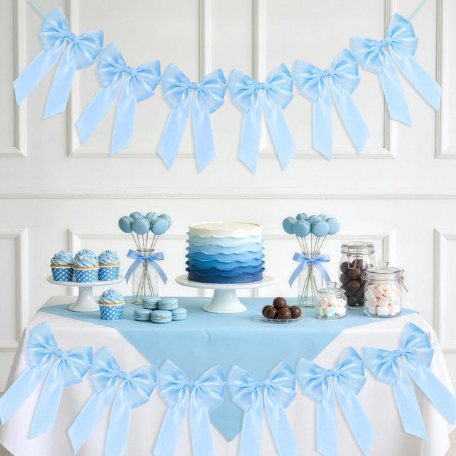 FLAIR GIFTS 1-String 6.5ft Blue Bows Garland Banner, 6 Pcs Pre-Strung Bows Party Decorations for Baby Shower, Birthday, Bridal Shower, Bachelorette Party, Tea Party Supplies