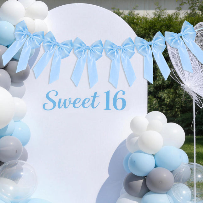 FLAIR GIFTS 1-String 6.5ft Blue Bows Garland Banner, 6 Pcs Pre-Strung Bows Party Decorations for Baby Shower, Birthday, Bridal Shower, Bachelorette Party, Tea Party Supplies