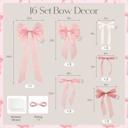 FLAIR GIFTS 16pcs Pink Coquette Bow Wall Decor - Satin Silk Ribbon Bow Garland Banner for Girls Birthday, Baby Shower Photo Backdrop, Aesthetic Room Decor & Gift Wrapping (Sticky Dots Included)