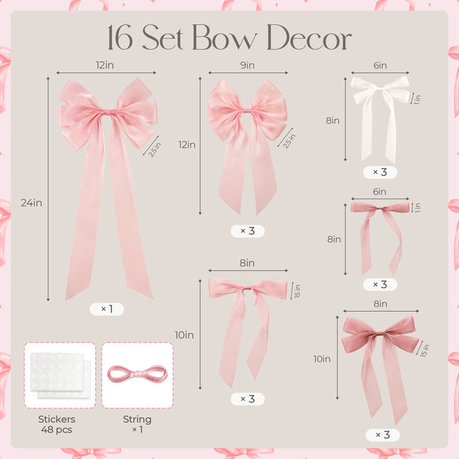 FLAIR GIFTS 16pcs Pink Coquette Bow Wall Decor - Satin Silk Ribbon Bow Garland Banner for Girls Birthday, Baby Shower Photo Backdrop, Aesthetic Room Decor & Gift Wrapping (Sticky Dots Included)