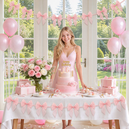 FLAIR GIFTS 1-String 6.5ft Pink Bows Garland Banner, 6 Pcs Pre-Strung Bow Party Decorations for Coquette Birthday, Bachelorette Party, Girly Pink Party Supplies, Baby Shower, Bridal Shower