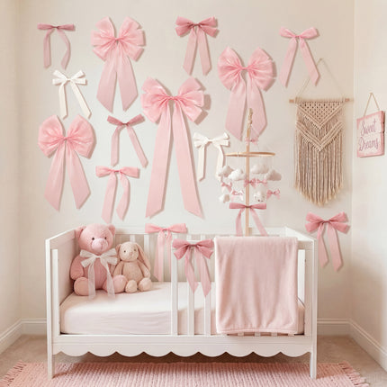 FLAIR GIFTS 16pcs Pink Coquette Bow Wall Decor - Satin Silk Ribbon Bow Garland Banner for Girls Birthday, Baby Shower Photo Backdrop, Aesthetic Room Decor & Gift Wrapping (Sticky Dots Included)