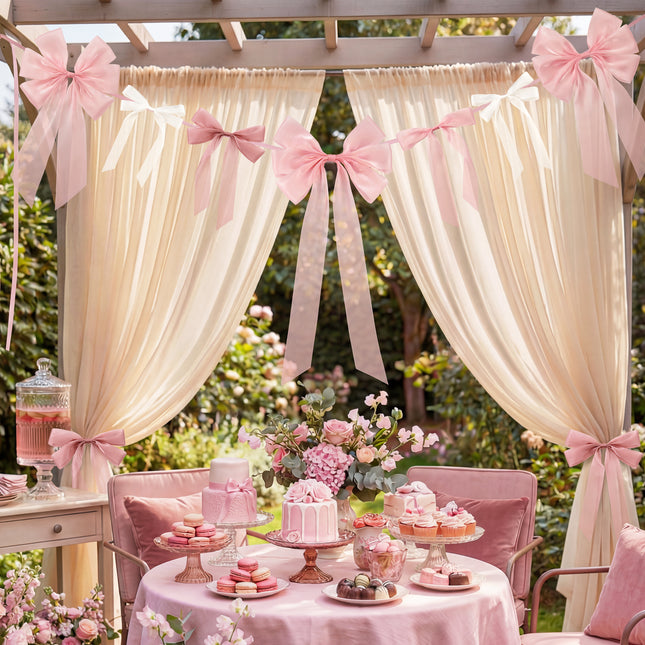 FLAIR GIFTS 16pcs Pink Coquette Bow Wall Decor - Satin Silk Ribbon Bow Garland Banner for Girls Birthday, Baby Shower Photo Backdrop, Aesthetic Room Decor & Gift Wrapping (Sticky Dots Included)