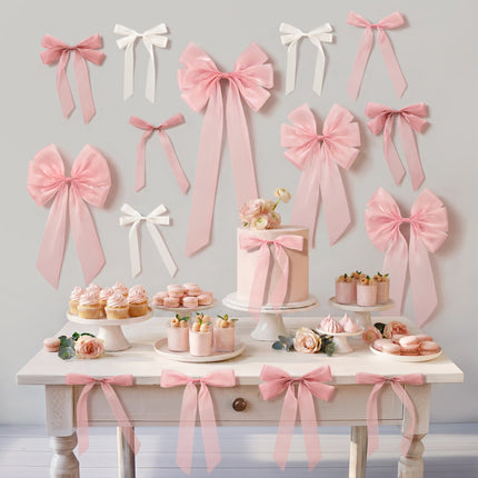 FLAIR GIFTS 16pcs Pink Coquette Bow Wall Decor - Satin Silk Ribbon Bow Garland Banner for Girls Birthday, Baby Shower Photo Backdrop, Aesthetic Room Decor & Gift Wrapping (Sticky Dots Included)
