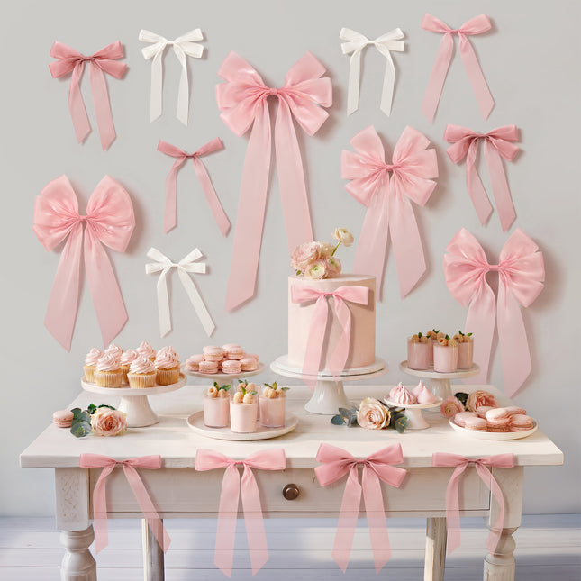 FLAIR GIFTS 16pcs Pink Coquette Bow Wall Decor - Satin Silk Ribbon Bow Garland Banner for Girls Birthday, Baby Shower Photo Backdrop, Aesthetic Room Decor & Gift Wrapping (Sticky Dots Included)
