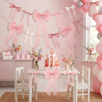 FLAIR GIFTS 16pcs Pink Coquette Bow Wall Decor - Satin Silk Ribbon Bow Garland Banner for Girls Birthday, Baby Shower Photo Backdrop, Aesthetic Room Decor & Gift Wrapping (Sticky Dots Included)