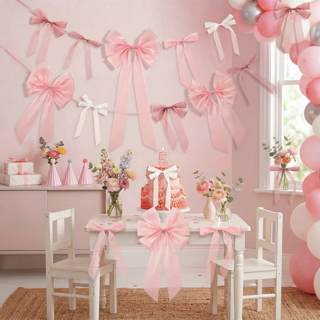 FLAIR GIFTS 16pcs Pink Coquette Bow Wall Decor - Satin Silk Ribbon Bow Garland Banner for Girls Birthday, Baby Shower Photo Backdrop, Aesthetic Room Decor & Gift Wrapping (Sticky Dots Included)