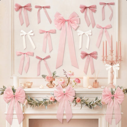 FLAIR GIFTS 16pcs Pink Coquette Bow Wall Decor - Satin Silk Ribbon Bow Garland Banner for Girls Birthday, Baby Shower Photo Backdrop, Aesthetic Room Decor & Gift Wrapping (Sticky Dots Included)