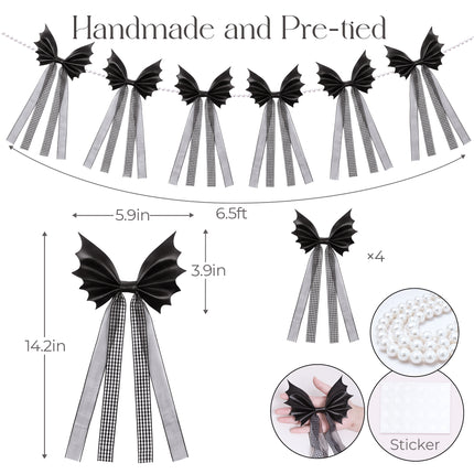 FLAIR GIFTS Halloween Spooky Gothic Black Bat Bow Garland, 6.5 Ft Pre-Strung PU Leather Banner Decor with 4 Extra DIY Bows for Fireplace Mantel Wall Home Decor