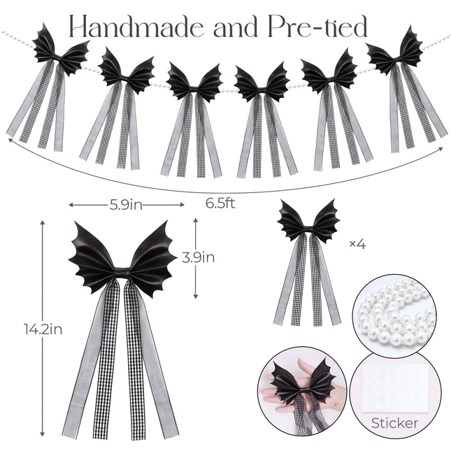 FLAIR GIFTS Halloween Spooky Gothic Black Bat Bow Garland, 6.5 Ft Pre-Strung PU Leather Banner Decor with 4 Extra DIY Bows for Fireplace Mantel Wall Home Decor