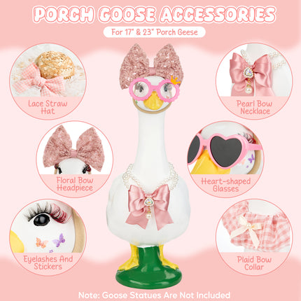 FLAIR GIFTS Porch Goose Statue 8pc Accessory Combination Set, Pink Goose Accessories Kit with Glasses Bow Hat Necklace Stickers for 23 Inch Goose, Cute Girl Style Yard Decor (Pink Girl 8PC)