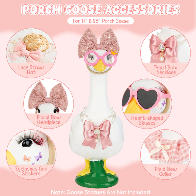 FLAIR GIFTS Porch Goose Statue 8pc Accessory Combination Set, Pink Goose Accessories Kit with Glasses Bow Hat Necklace Stickers for 23 Inch Goose, Cute Girl Style Yard Decor (Pink Girl 8PC)