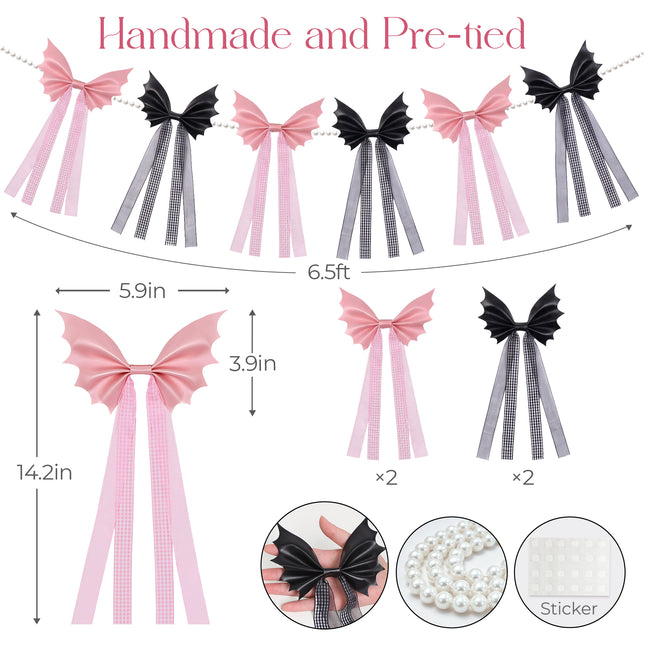 FLAIR GIFTS 6.5ft Halloween Bat Bow Pearl Garland, Black & Pink Decor