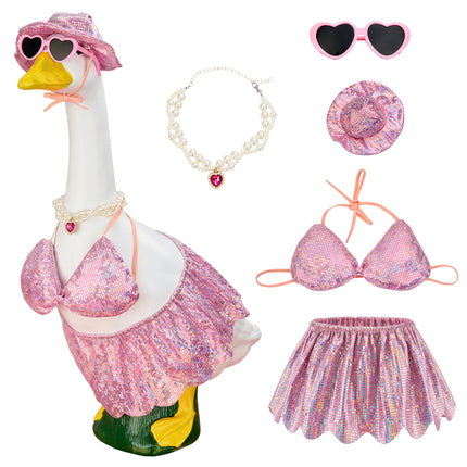 FLAIR GIFTS Pink Bikini Goose Clothes Set with Sunglasses Necklace Hat, Pink Sequin Swimming Suits Porch Goose Outfits for 23 Inch Goose Statue, Summer Pool Party Garden Decor (Pink)
