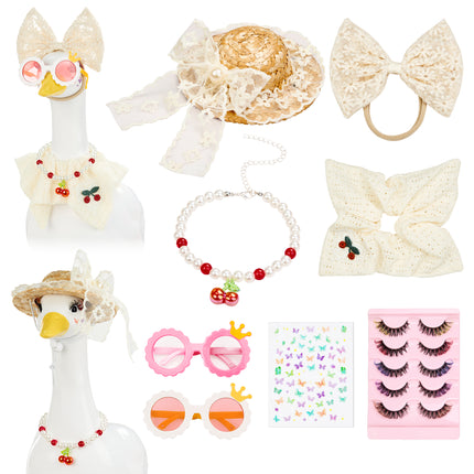 FLAIR GIFTS Porch Goose Statue 8pc Accessory Combination Set, White Lace Goose Accessories Kit with Glasses Bow Hat Necklace Stickers for 23 Inch Goose, Elegant Girl Style Yard Decor (White Lace 8PC)