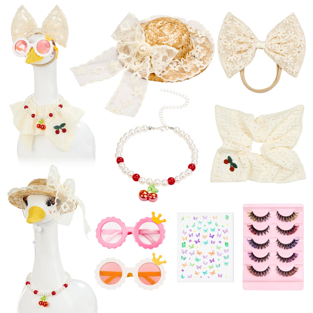 FLAIR GIFTS Porch Goose Statue 8pc Accessory Combination Set, White Lace Goose Accessories Kit with Glasses Bow Hat Necklace Stickers for 23 Inch Goose, Elegant Girl Style Yard Decor (White Lace 8PC)