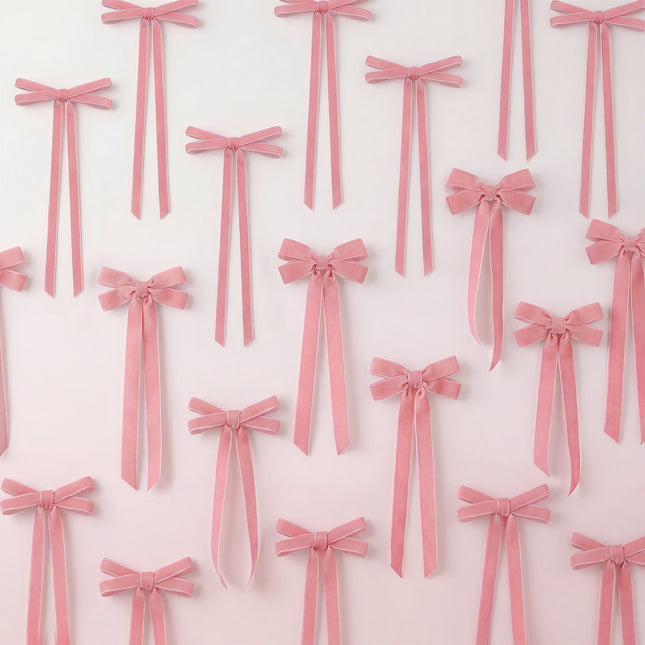 FLAIR GIFTS 24 Pcs Pink Vintage Velvet Bows Ornaments, 5x10 Inch Luxury 3 Assorted Widths for Baby Shower Bridal Christmas Birthday Valentine's Day, Reusable Coquette Room Wall Backdrop Photo Decor