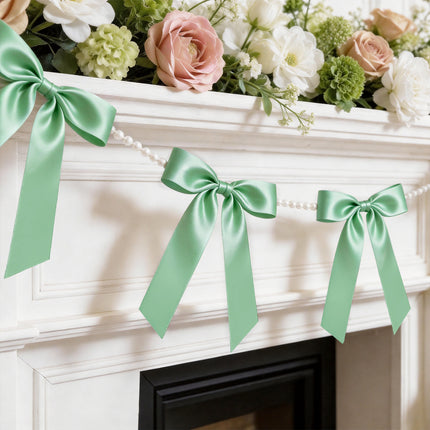 FLAIR GIFTS 2 Strings Sage Green Bow Garland Banner, 6.5ft Pearl Chain Pre-Strung Satin Ribbon for Woodland Baby Shower, Garden Wedding, Forest First Birthday, Neutral Nursery & Botanical Party Decor