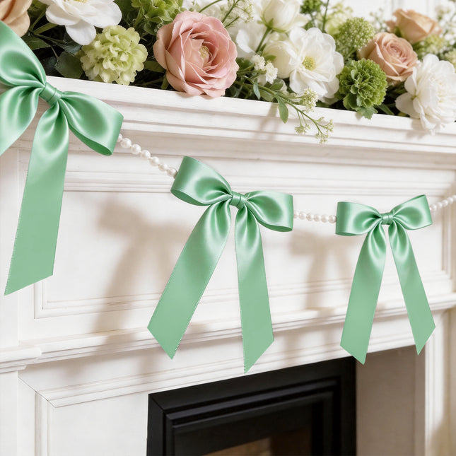 FLAIR GIFTS 2 Strings Sage Green Bow Garland Banner, 6.5ft Pearl Chain Pre-Strung Satin Ribbon for Woodland Baby Shower, Garden Wedding, Forest First Birthday, Neutral Nursery & Botanical Party Decor
