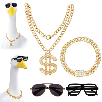 FLAIR GIFTS Porch Goose Statue 5pc Accessory Combination Set, Hip Hop Goose Accessories Kit with Chains Sunglasses Strap for 23 Inch Goose, Cool Street Style Yard Garden Decor (Hip-hop 5PC)