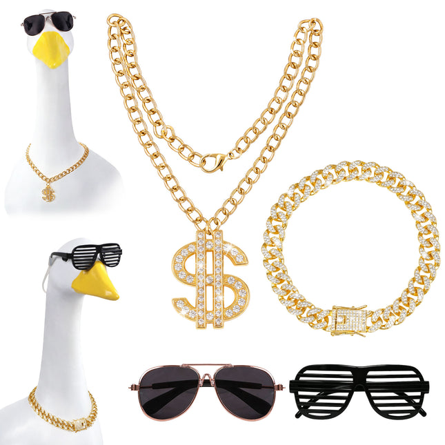 FLAIR GIFTS Porch Goose Statue 5pc Accessory Combination Set, Hip Hop Goose Accessories Kit with Chains Sunglasses Strap for 23 Inch Goose, Cool Street Style Yard Garden Decor (Hip-hop 5PC)