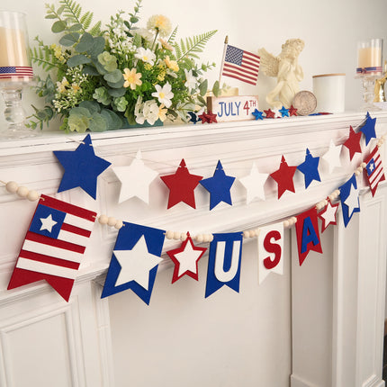Flair Gifts 2 Pack 4th of July Garland, 6.5ft Felt Patriotic USA Garland for Mantel Red White Blue Star w/Wood Bead Flag Banner Decor for 250th Anniversary Independence Day Veterans Memorial Party