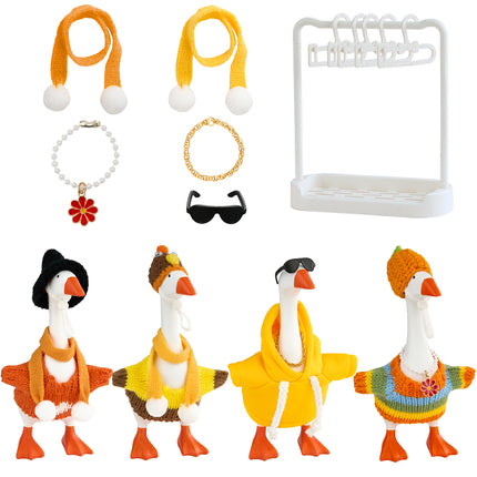 FLAIR GIFTS 4 Sets 7 Inch Desk Goose Fall Outfits, Knit Sweater Hat Scarf & Accessories with Hanger Stand for Desktop Goose Statue Autumn Clothes Decor Gift