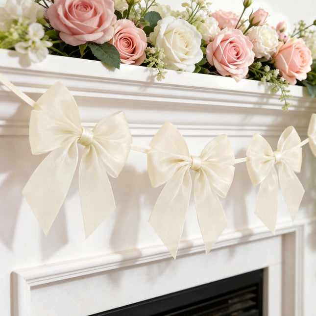 FLAIR GIFTS 2-String 6.5ft Ivory White Bows Garland Banner, 16 Pcs Pre-Strung Bows Party Decorations for Bridal Shower, Birthday, Bachelorette Party, Baby Shower, Tea Party Supplies
