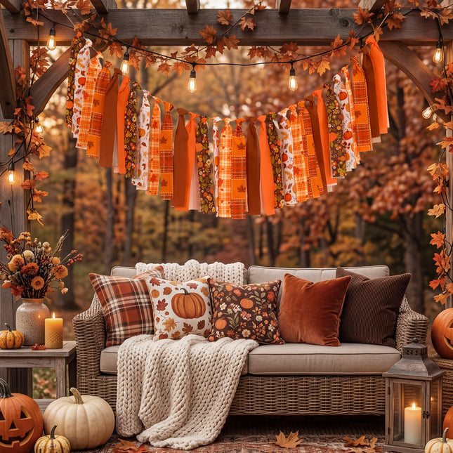 Fall Tassel Garland Vintage Plaid Pumpkin Harvest Decor 6.5 Ft Banner