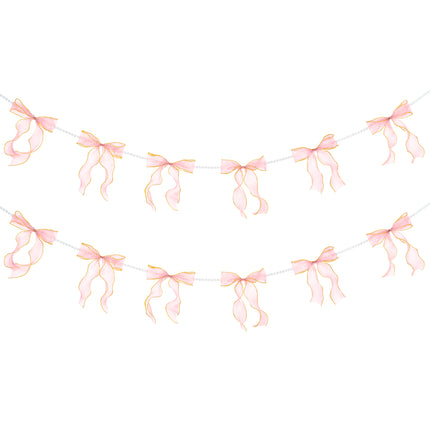 FLAIR GIFTS 2 Strings Pink Bow Garland Banner, Pre-Strung Fish-Tail Organza Ribbon with 6.5ft Pearl Chain for Coquette Birthday, Bachelorette Party, Baby Shower, Engagement, Anniversary Decor
