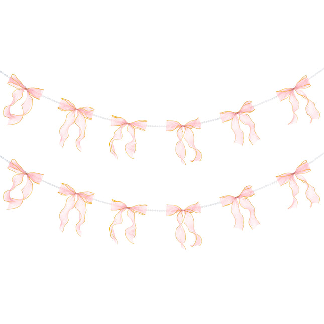 FLAIR GIFTS 2 Strings Pink Bow Garland Banner, Pre-Strung Fish-Tail Organza Ribbon with 6.5ft Pearl Chain for Coquette Birthday, Bachelorette Party, Baby Shower, Engagement, Anniversary Decor