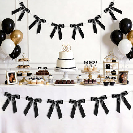 FLAIR GIFTS 2 Strings Black Bow Garland Banner, 6.5ft Pearl Chain Pre-Strung Satin Ribbon for Halloween Gothic Decor, Death to My 20s Birthday, Bachelorette, Black Tie Party & Modern Wedding Backdrop