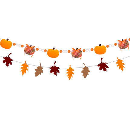 FLAIR GIFTS 2-Pack Fall Felt Garland, 8ft 3D Stuffed Pumpkin & Maple Leaves Banner with Pom Poms, Pre-Strung Autumn Bunting for Thanksgiving Mantel, Farmhouse Halloween Decor, Harvest Party Supplies