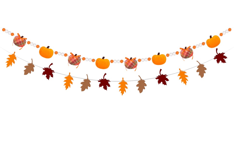 FLAIR GIFTS 2-Pack Fall Felt Garland, 8ft 3D Stuffed Pumpkin & Maple Leaves Banner with Pom Poms, Pre-Strung Autumn Bunting for Thanksgiving Mantel, Farmhouse Halloween Decor, Harvest Party Supplies
