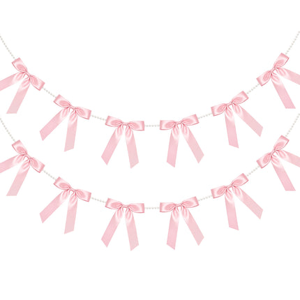 2 Strings Pink Bow Garland Banner, Pre-Strung Satin Ribbon with 6.5ft Pearl Chain for Coquette Birthday, Bridal Shower, Bachelorette Party, Baby Shower, Engagement, Graduation & Anniversary Decor