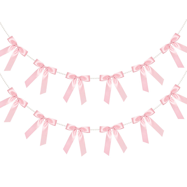 2 Strings Pink Bow Garland Banner, Pre-Strung Satin Ribbon with 6.5ft Pearl Chain for Coquette Birthday, Bridal Shower, Bachelorette Party, Baby Shower, Engagement, Graduation & Anniversary Decor