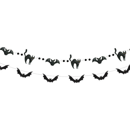 FLAIR GIFTS 2-Pack Halloween Felt Bat & Black Cat Garland, Pre-Strung 8ft 3D Stuffed Bat Banners with Pom Poms, Reusable Spooky Mantle Decor for Home, Office, Classroom Party Supplies