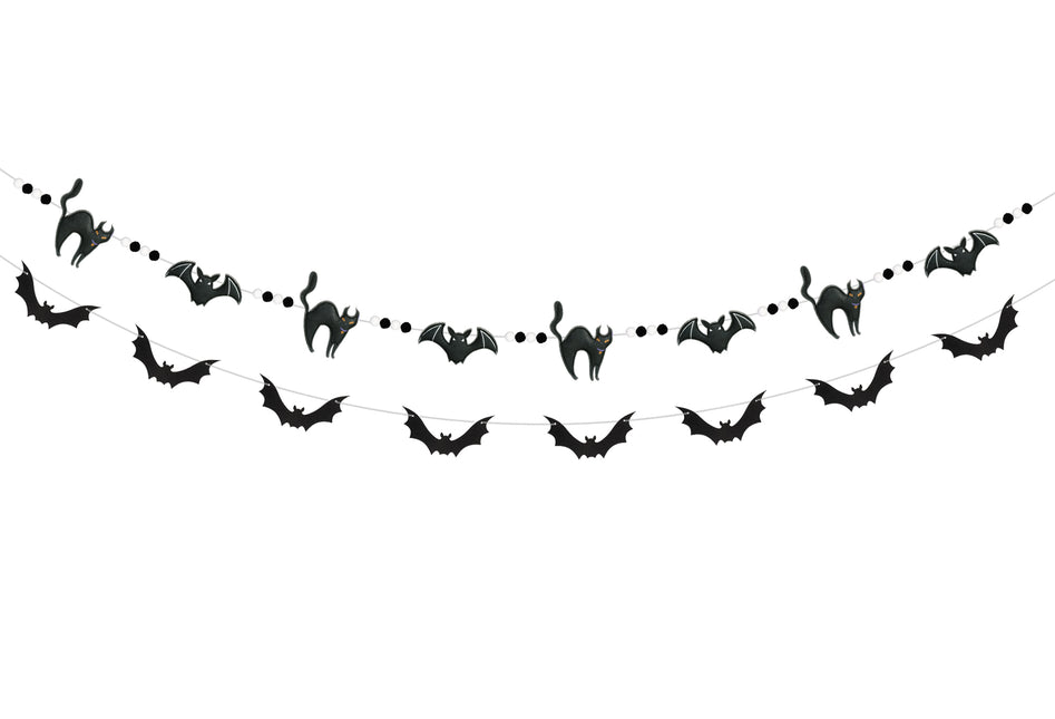 FLAIR GIFTS 2-Pack Halloween Felt Bat & Black Cat Garland, Pre-Strung 8ft 3D Stuffed Bat Banners with Pom Poms, Reusable Spooky Mantle Decor for Home, Office, Classroom Party Supplies